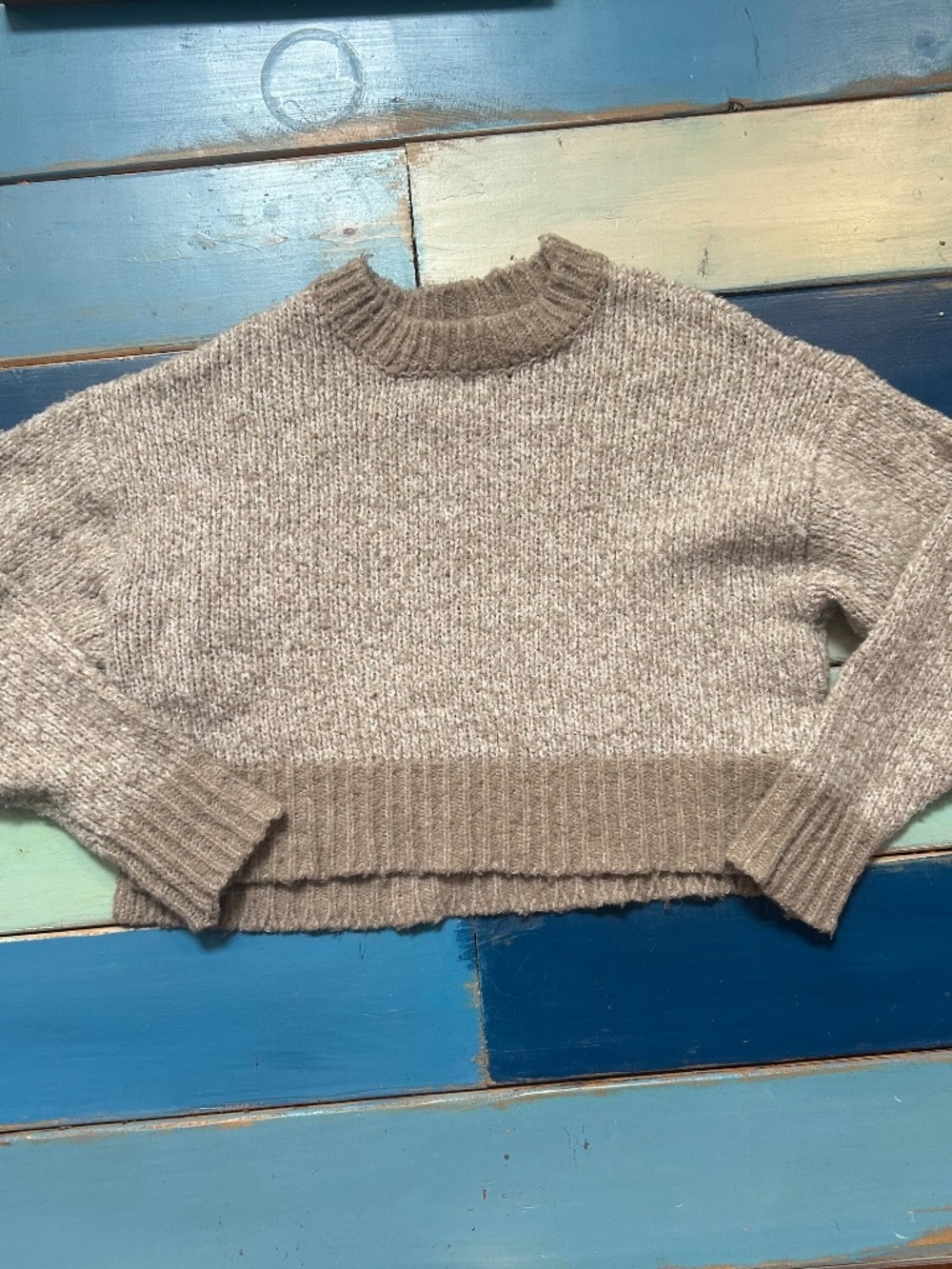 GARAGE Oatmeal Chunky Knit Cropped Mock Neck Sweater Small Cozy Neutral